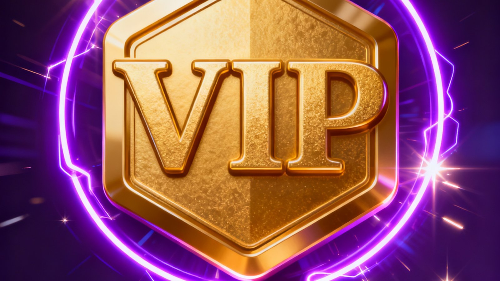 限时VIP特权领取宣传图，画面中央为金色VIP徽章图标，周围环绕霓虹紫色光效，底部标注7天免费体验字样