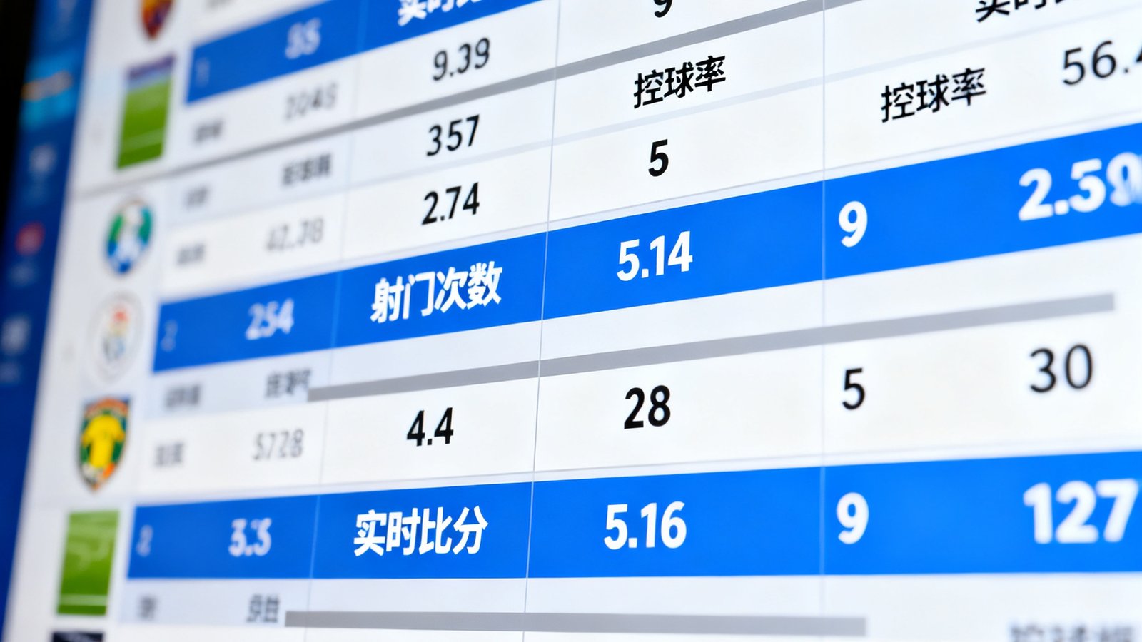 实时赛事数据面板展示图，屏幕显示多场同时进行的足球比赛实时比分、控球率、射门次数等关键数据指标